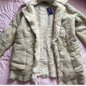 Ralph Lauren purple label Cream suede trench coat Jacket with Plush fur lining